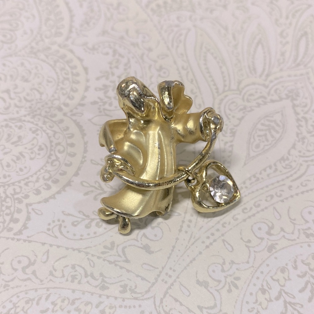 Vintage Gigi Giusti Goldtone Angel Pin With Crystal Heart Dangle